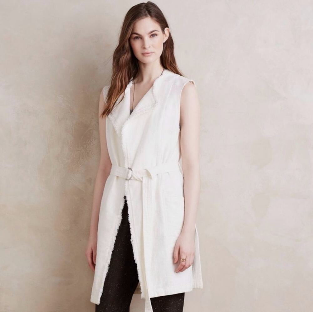 ANTHROPOLOGIE Luna Frayed White Belted Vest Jacket by Elevenses Sz S